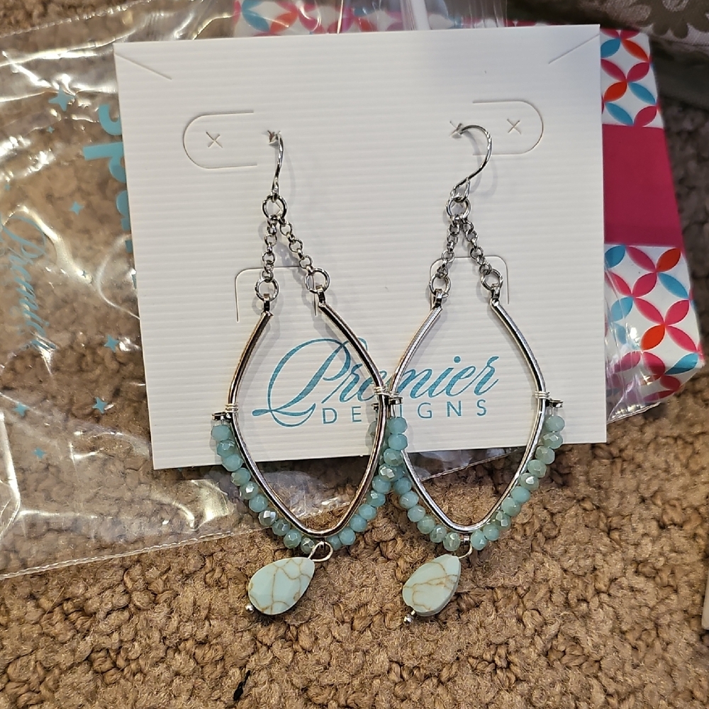 Premier Designs Silver and Aqua Fish Hook Drop Earrings